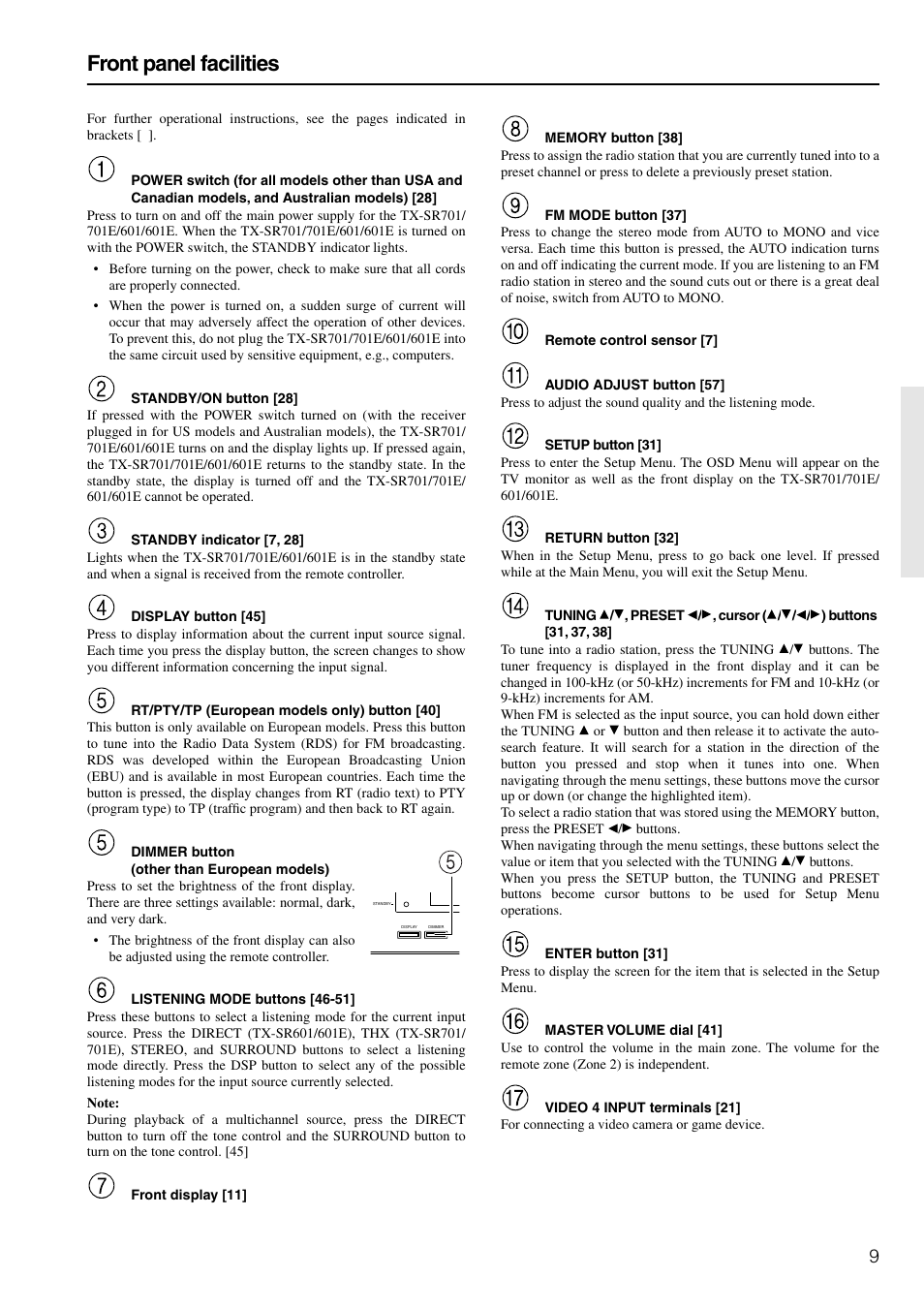 Front panel facilities | Onkyo TX-SR601E User Manual | Page 9 / 88