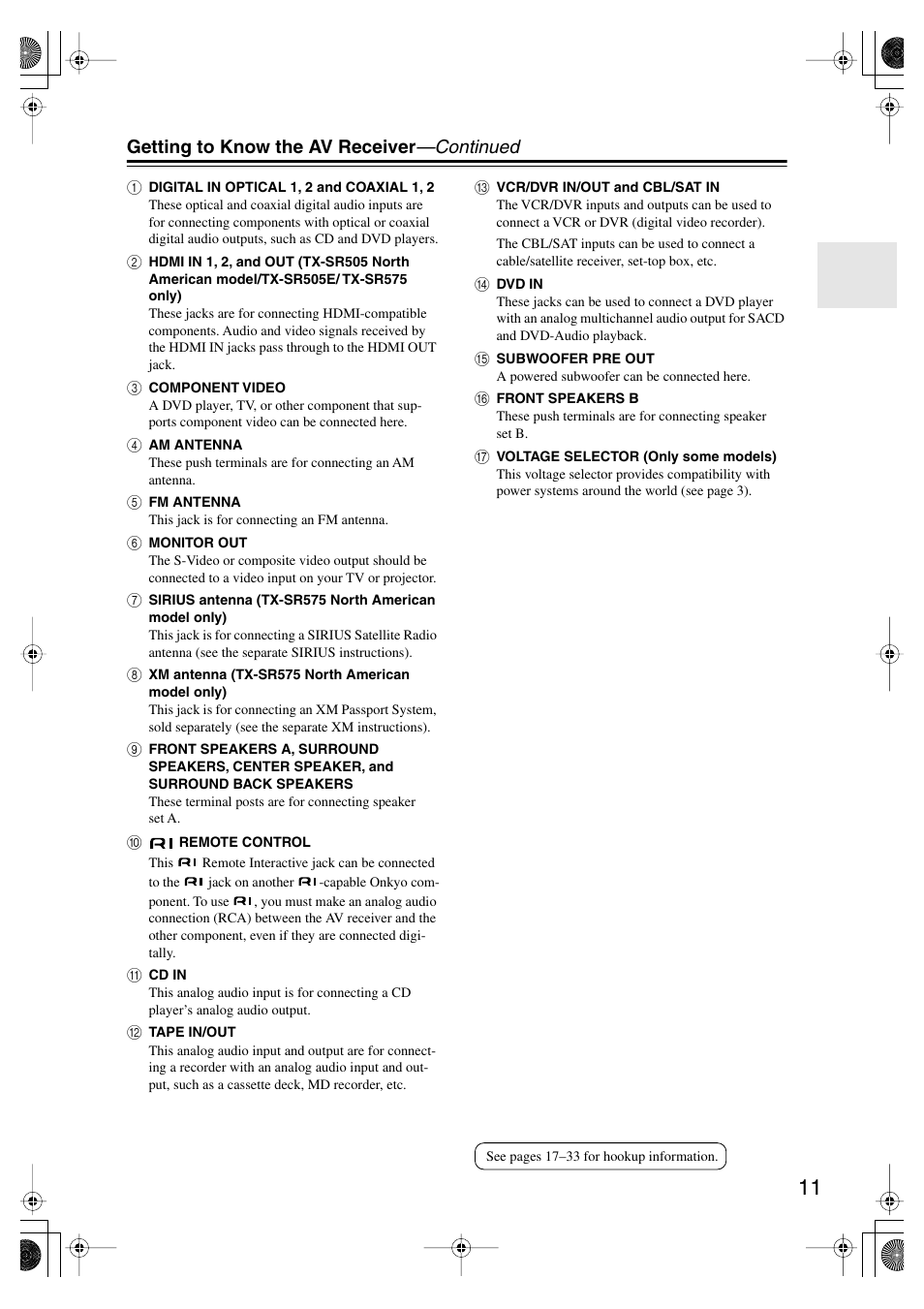 Getting to know the av receiver —continued | Onkyo TX SR575 User Manual | Page 11 / 72