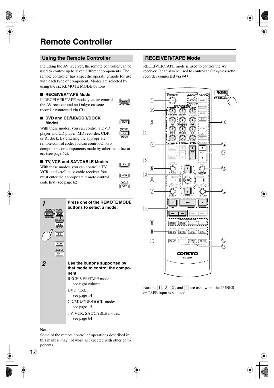 Remote controller, Using the remote controller, Receiver/tape mode | Onkyo TX SR575 User Manual | Page 12 / 72