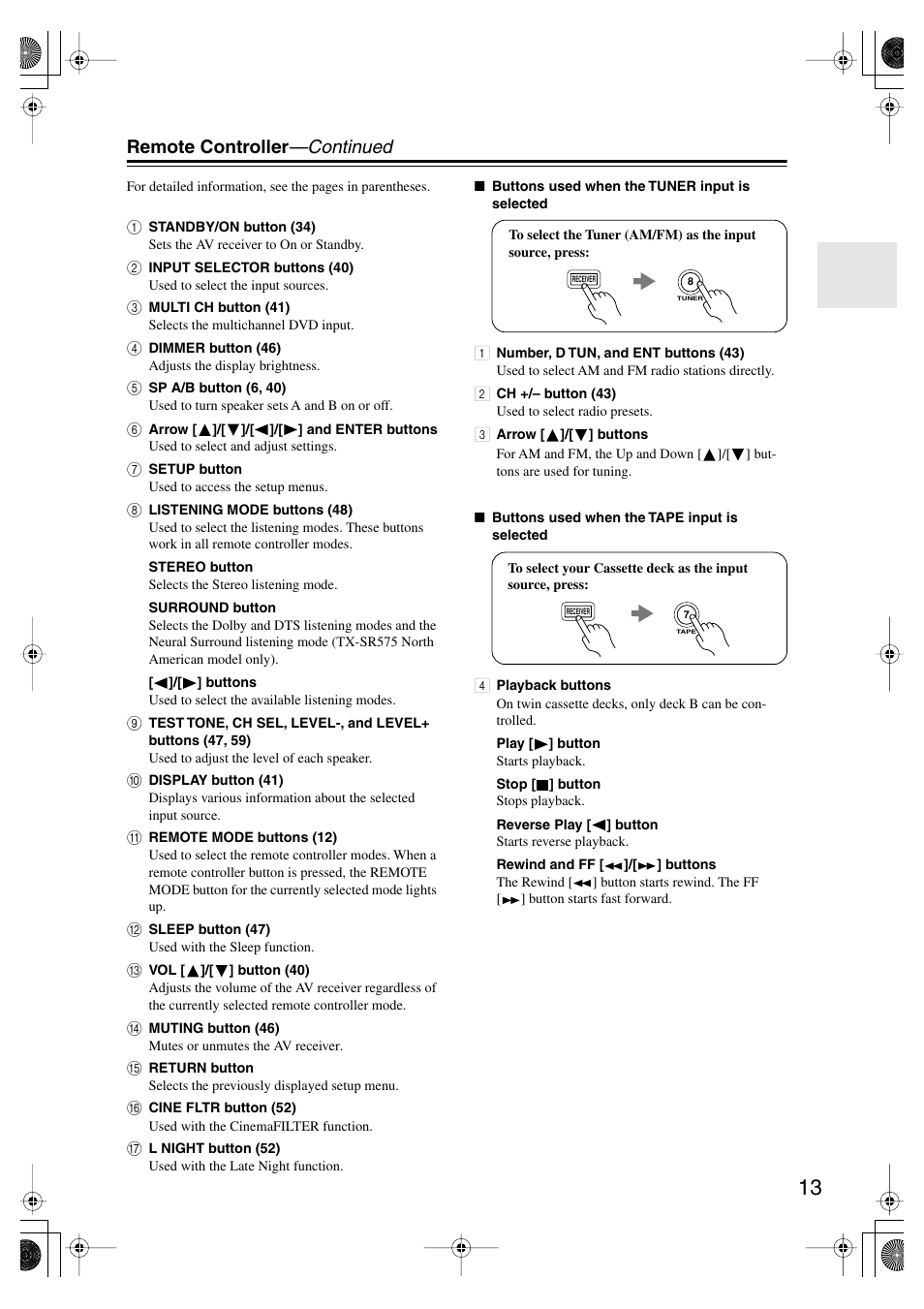 Remote controller —continued | Onkyo TX SR575 User Manual | Page 13 / 72