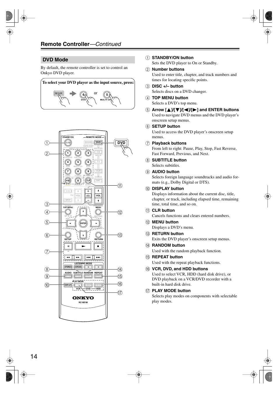 Dvd mode, Remote controller —continued | Onkyo TX SR575 User Manual | Page 14 / 72