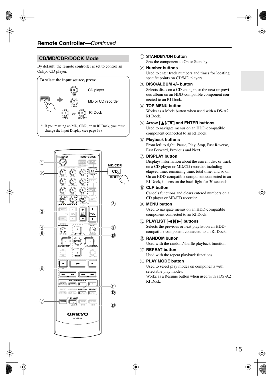 Cd/md/cdr/dock mode, Remote controller —continued, J4 5 | Onkyo TX SR575 User Manual | Page 15 / 72