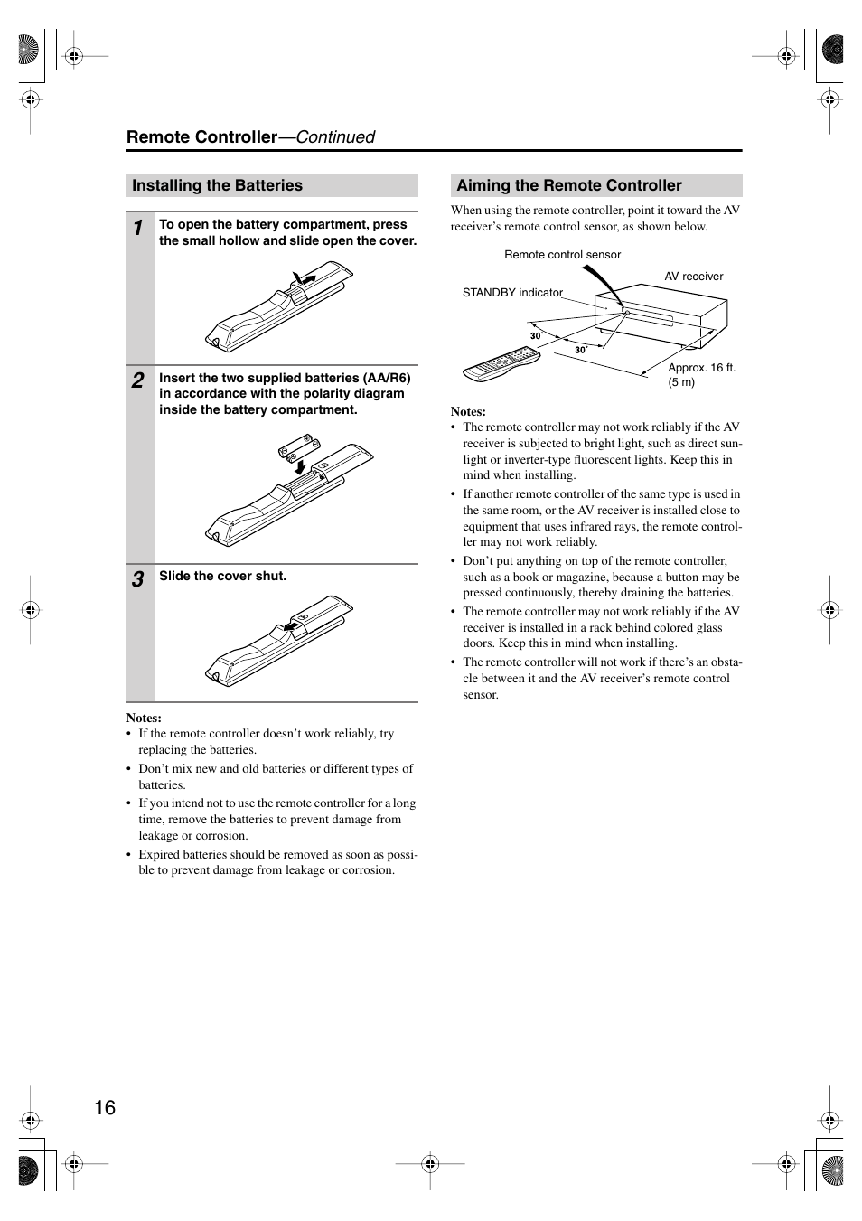 Installing the batteries, Aiming the remote controller, Ol sensor (16) | Onkyo TX SR575 User Manual | Page 16 / 72