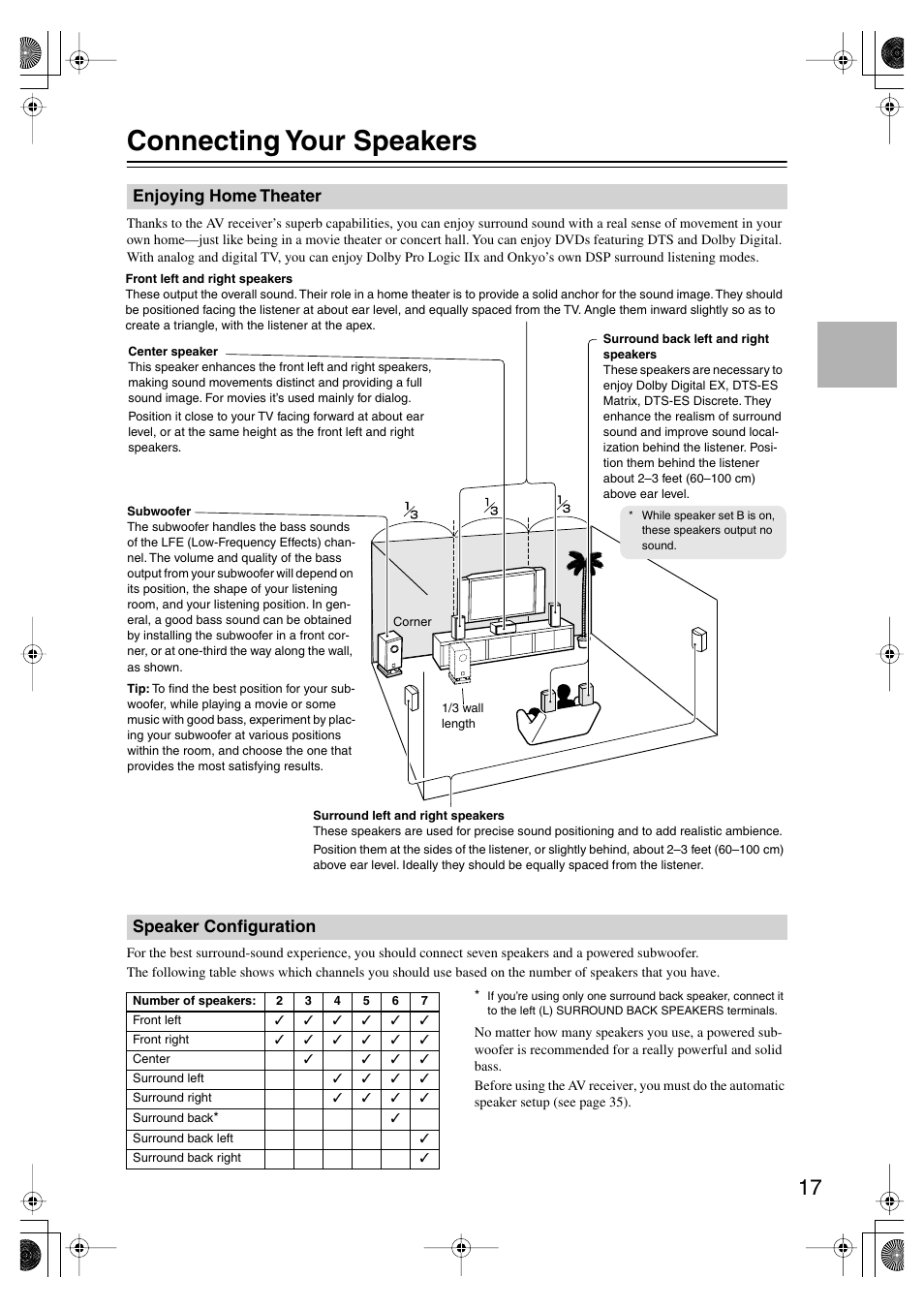 Connecting your speakers, Enjoying home theater, Speaker configuration | Connection | Onkyo TX SR575 User Manual | Page 17 / 72