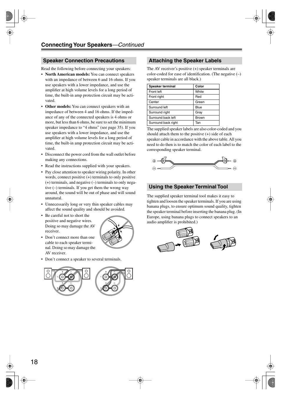 Speaker connection precautions, Attaching the speaker labels, Using the speaker terminal tool | Connecting your speakers —continued | Onkyo TX SR575 User Manual | Page 18 / 72