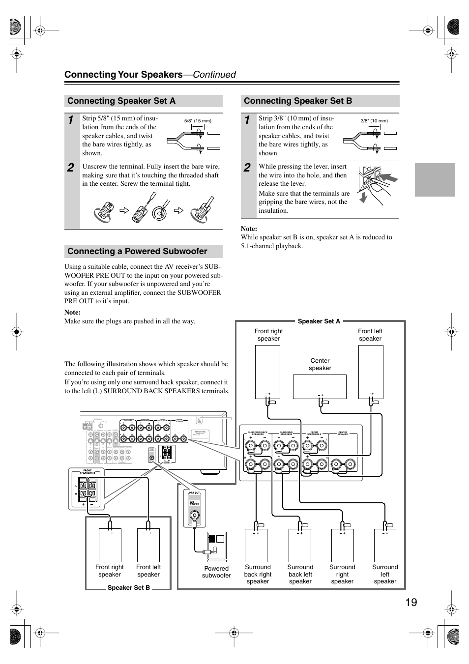 Connecting speaker set a, Connecting a powered subwoofer, Connecting speaker set b | Connecting your speakers —continued, Line input | Onkyo TX SR575 User Manual | Page 19 / 72