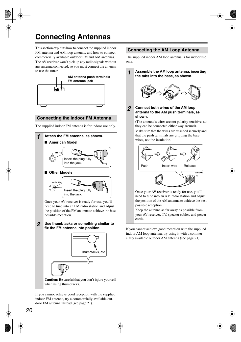 Connecting antennas, Connecting the indoor fm antenna, Connecting the am loop antenna | Onkyo TX SR575 User Manual | Page 20 / 72