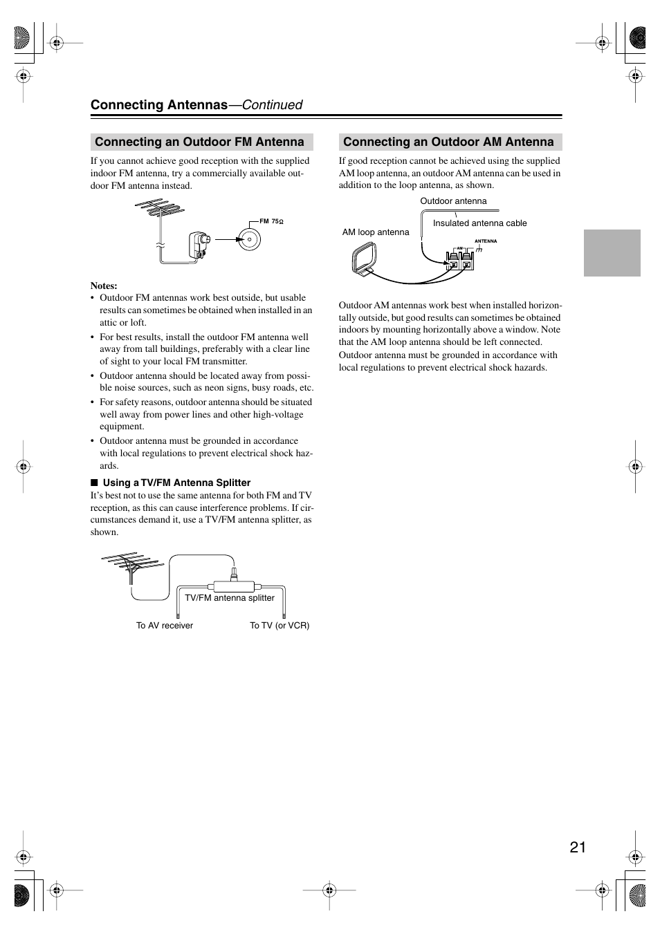 Connecting an outdoor fm antenna, Connecting an outdoor am antenna, Connecting antennas —continued | Onkyo TX SR575 User Manual | Page 21 / 72