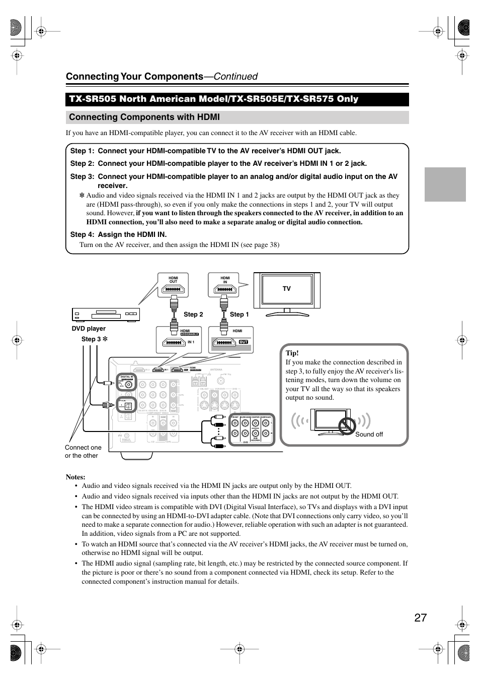 Connecting components with hdmi, Components with hdmi, Connecting your components —continued | Step 2 | Onkyo TX SR575 User Manual | Page 27 / 72