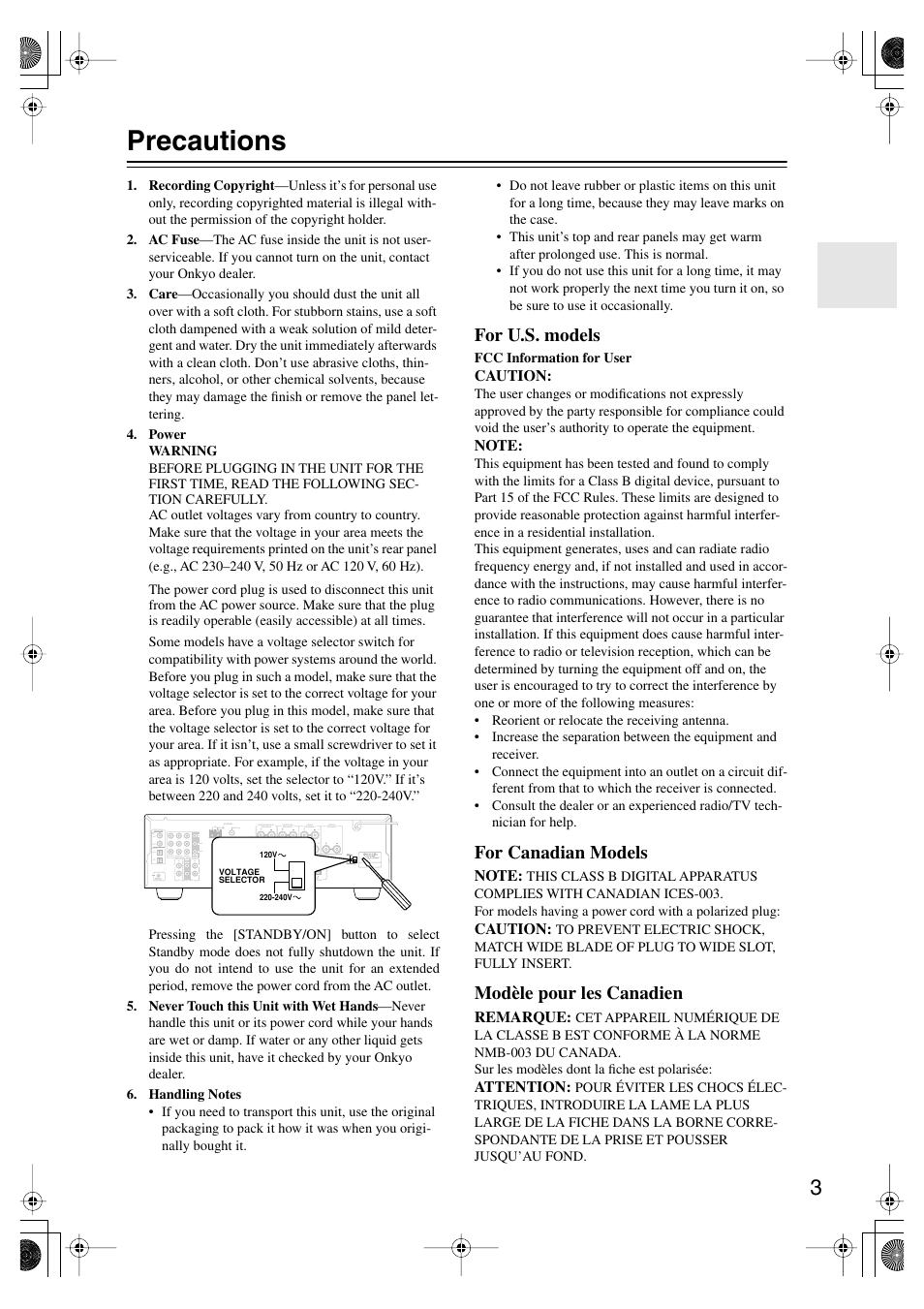 Precautions, For u.s. models, For canadian models | Modèle pour les canadien | Onkyo TX SR575 User Manual | Page 3 / 72