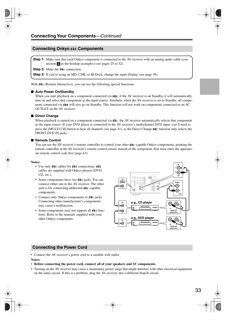 Connecting onkyo components, Connecting the power cord, Onkyo | Connecting your components —continued | Onkyo TX SR575 User Manual | Page 33 / 72