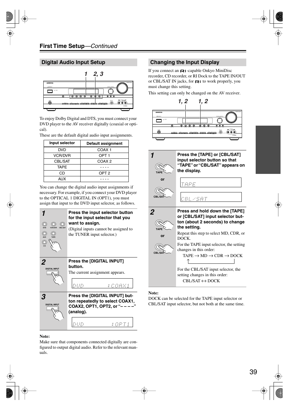Digital audio input setup, Changing the input display, Utton (39 | First time setup —continued | Onkyo TX SR575 User Manual | Page 39 / 72