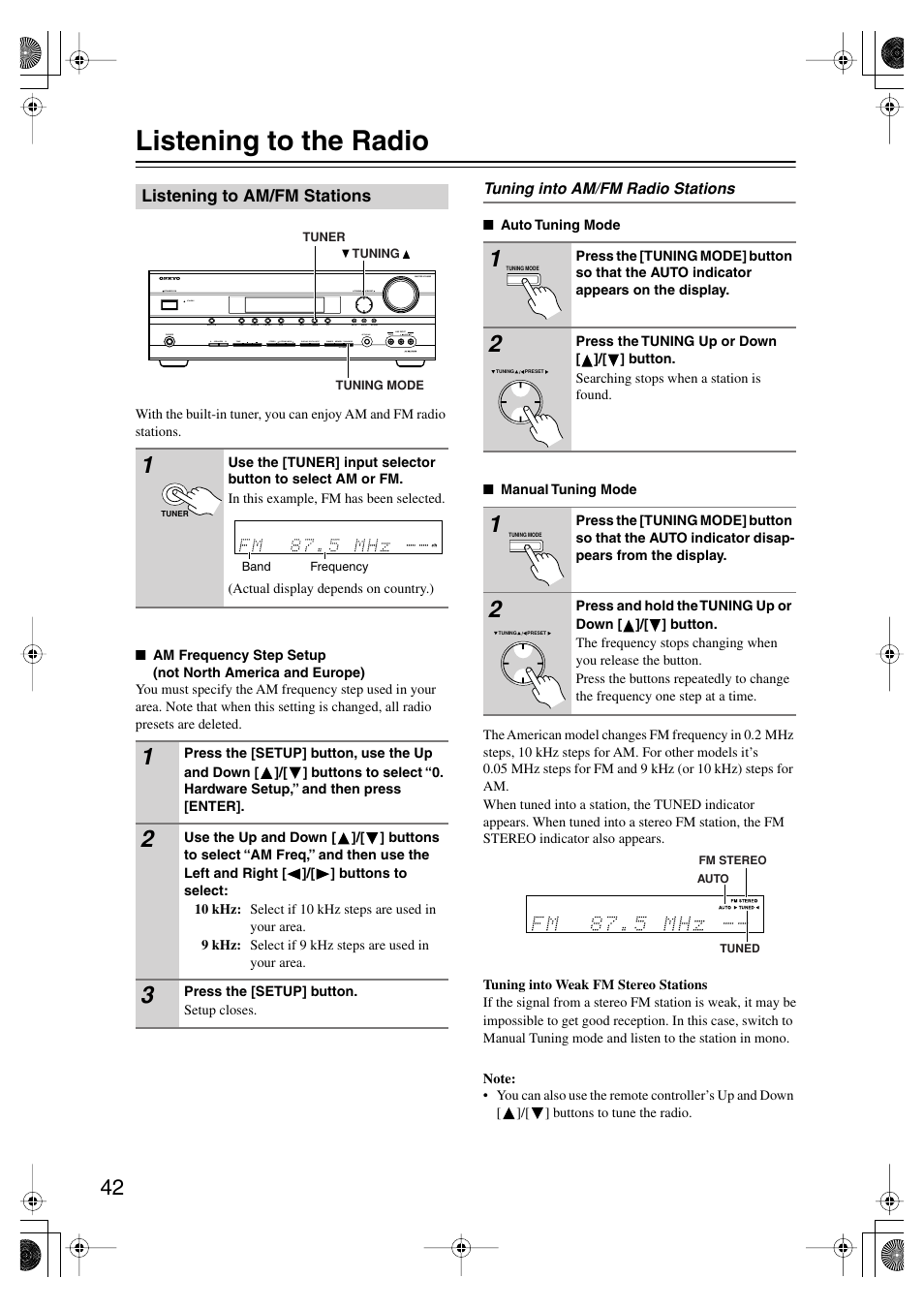 Listening to the radio, Listening to am/fm stations, Utton (42) | Fm stereo (42), Tuned (42) | Onkyo TX SR575 User Manual | Page 42 / 72