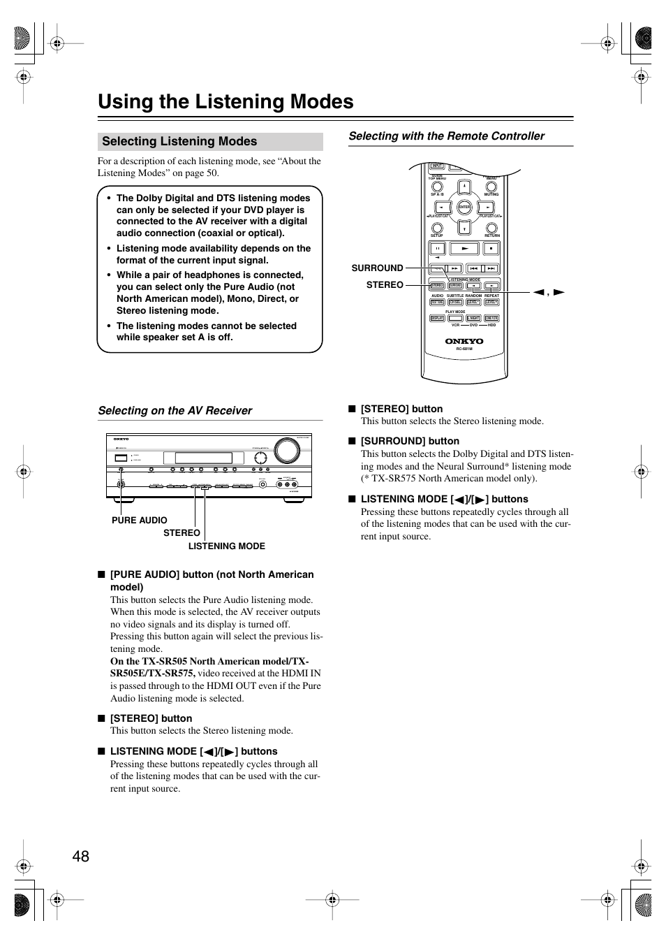 Using the listening modes, Selecting listening modes, Enjoying the listening modes | Utton (48), Uttons (48), Utton and indicator (48), Selecting on the av receiver, Selecting with the remote controller | Onkyo TX SR575 User Manual | Page 48 / 72