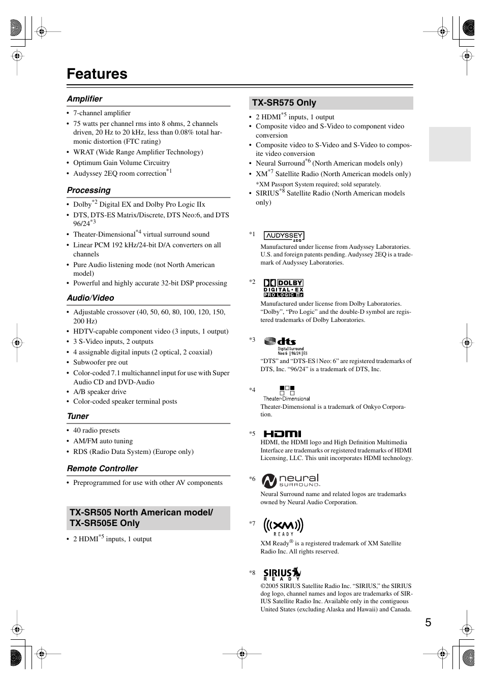 Features | Onkyo TX SR575 User Manual | Page 5 / 72