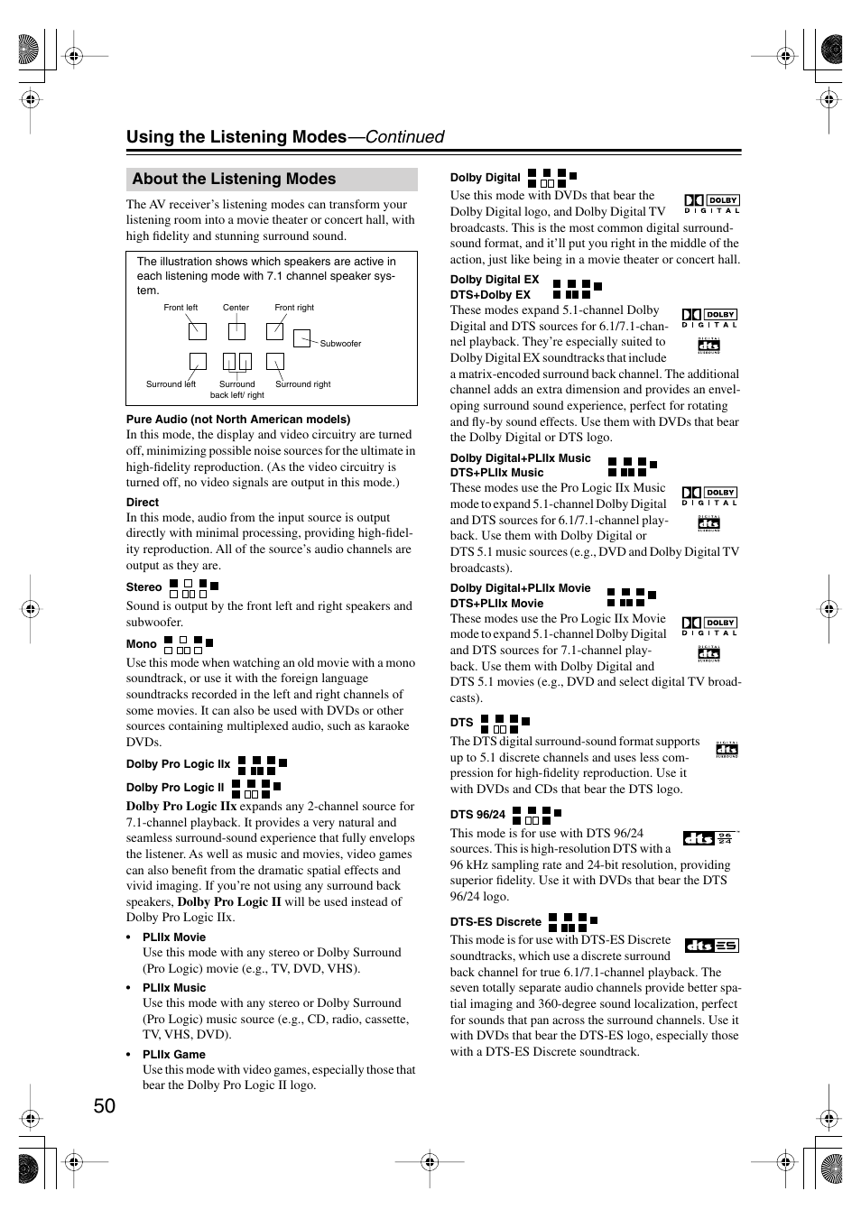 About the listening modes, S (50), Using the listening modes —continued | Onkyo TX SR575 User Manual | Page 50 / 72