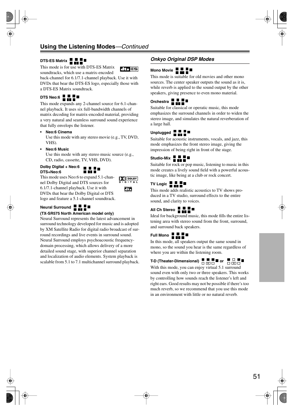 Using the listening modes —continued | Onkyo TX SR575 User Manual | Page 51 / 72