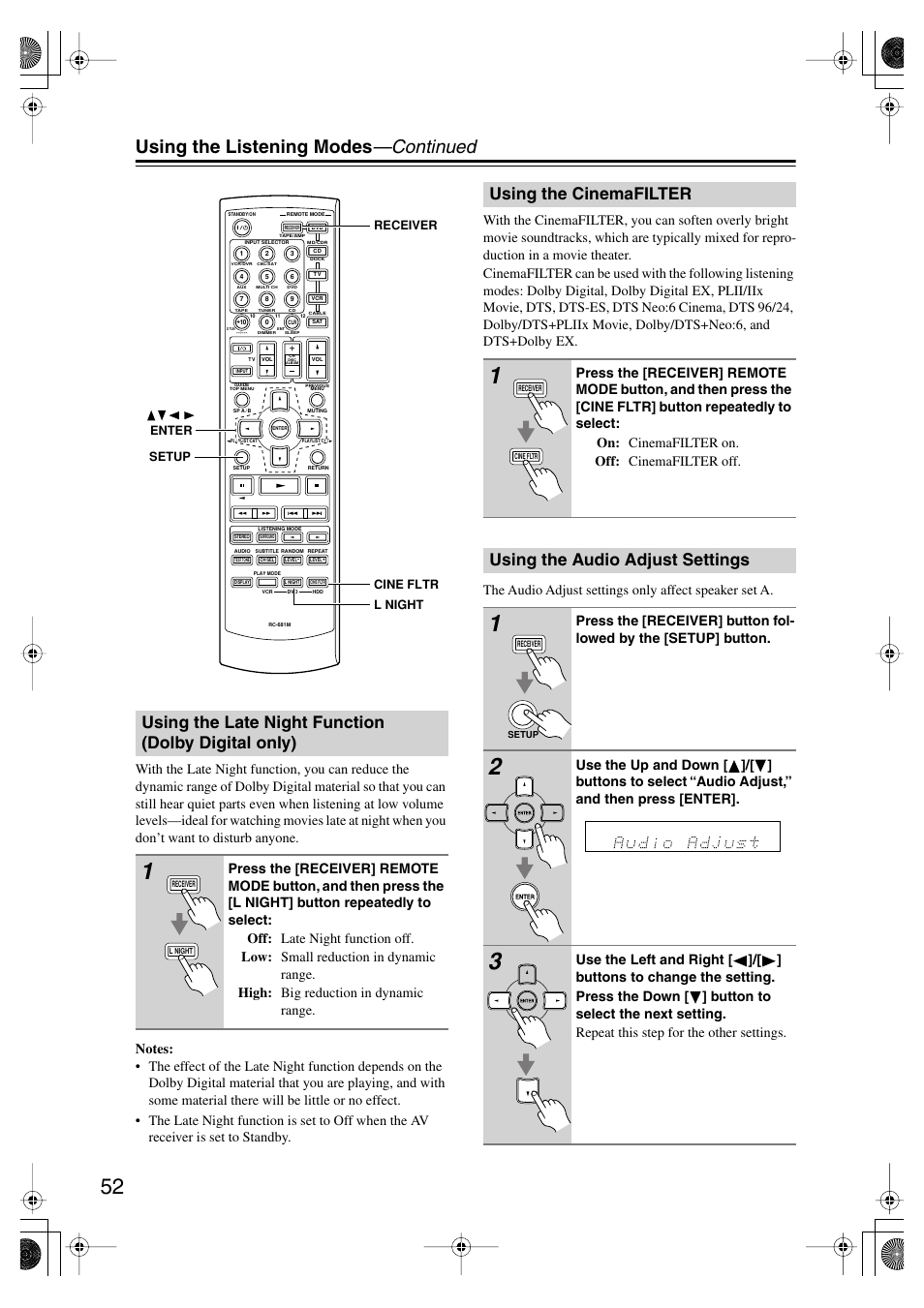 Using the late night function (dolbydigital only), Using the cinemafilter, Using the audio adjust settings | Using the late night function, Dolby digital only), Utton (52), Using the listening modes —continued, Using the late night function (dolby digital only) | Onkyo TX SR575 User Manual | Page 52 / 72