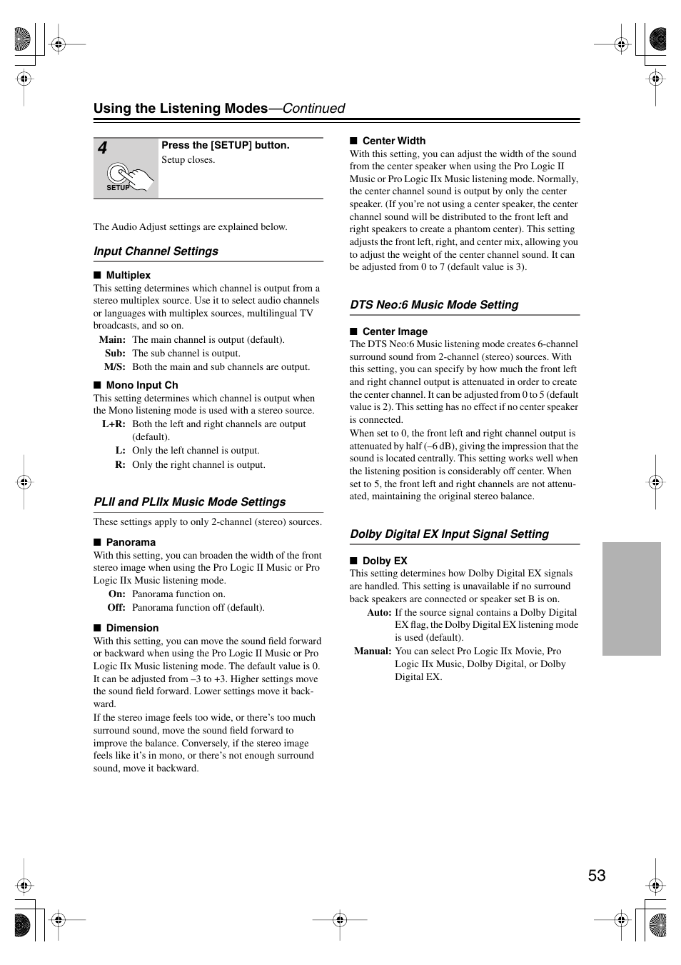 Using the listening modes —continued | Onkyo TX SR575 User Manual | Page 53 / 72