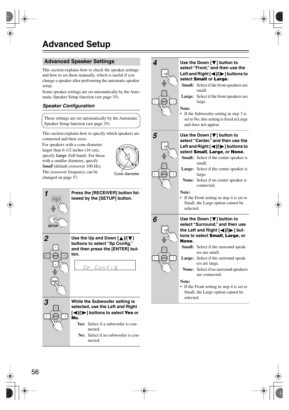 Advanced setup, Advanced speaker settings | Onkyo TX SR575 User Manual | Page 56 / 72