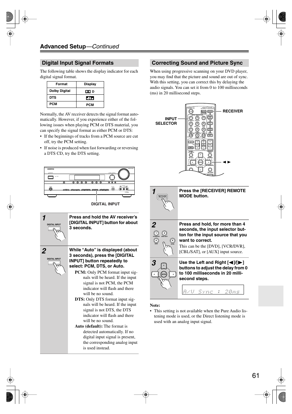 Digital input signal formats, Correcting sound and picture sync, Advanced setup —continued | Onkyo TX SR575 User Manual | Page 61 / 72