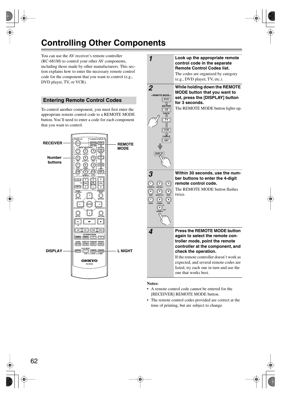 Controlling other components, Entering remote control codes | Onkyo TX SR575 User Manual | Page 62 / 72