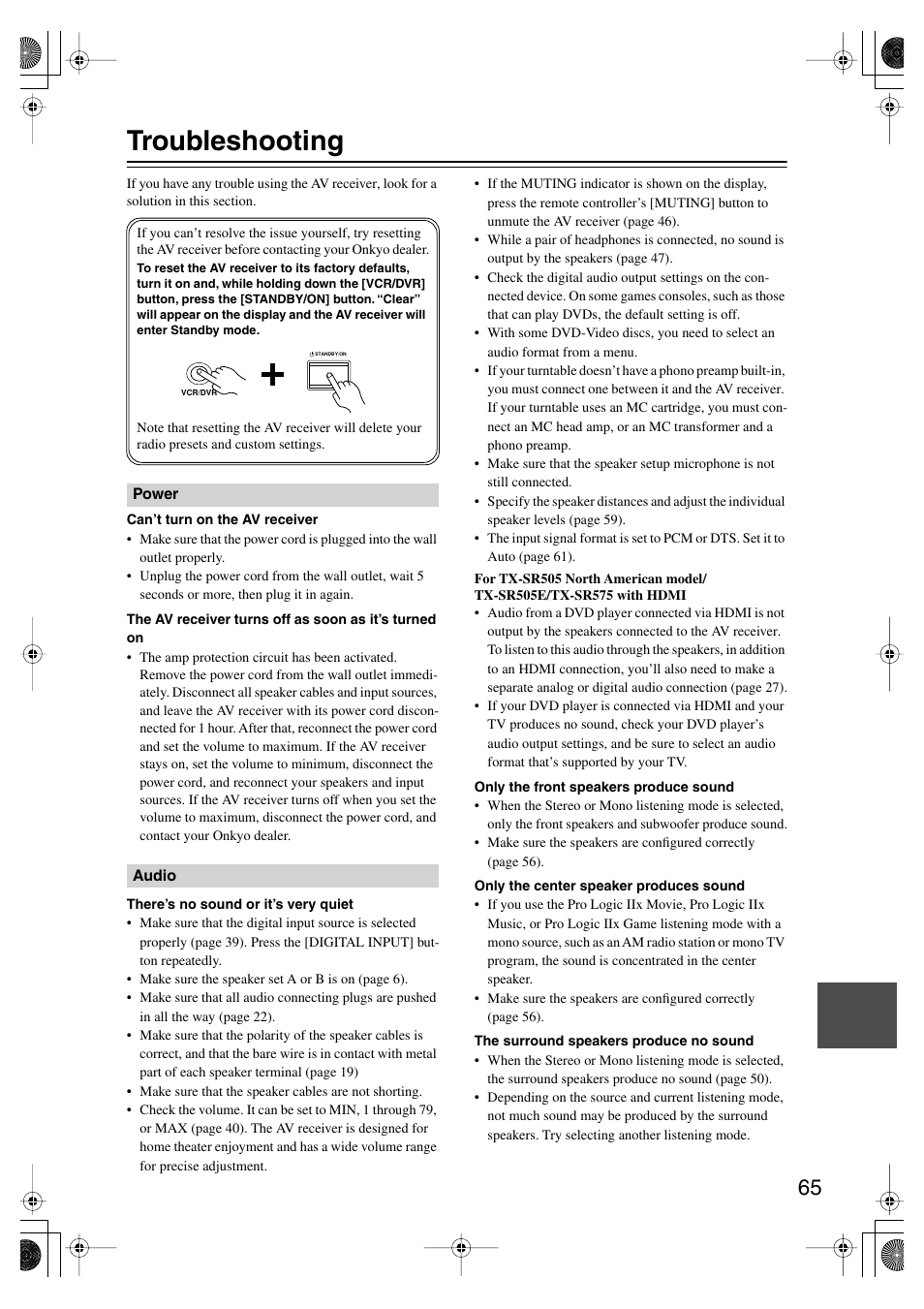 Troubleshooting | Onkyo TX SR575 User Manual | Page 65 / 72