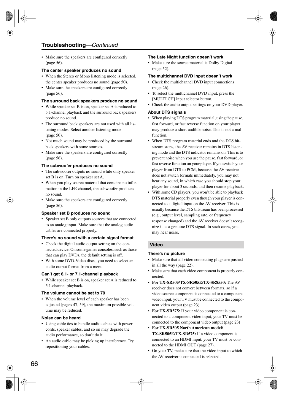 Troubleshooting —continued | Onkyo TX SR575 User Manual | Page 66 / 72