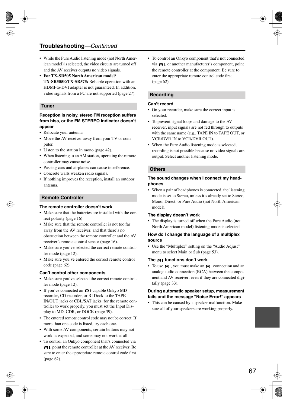 Troubleshooting —continued | Onkyo TX SR575 User Manual | Page 67 / 72