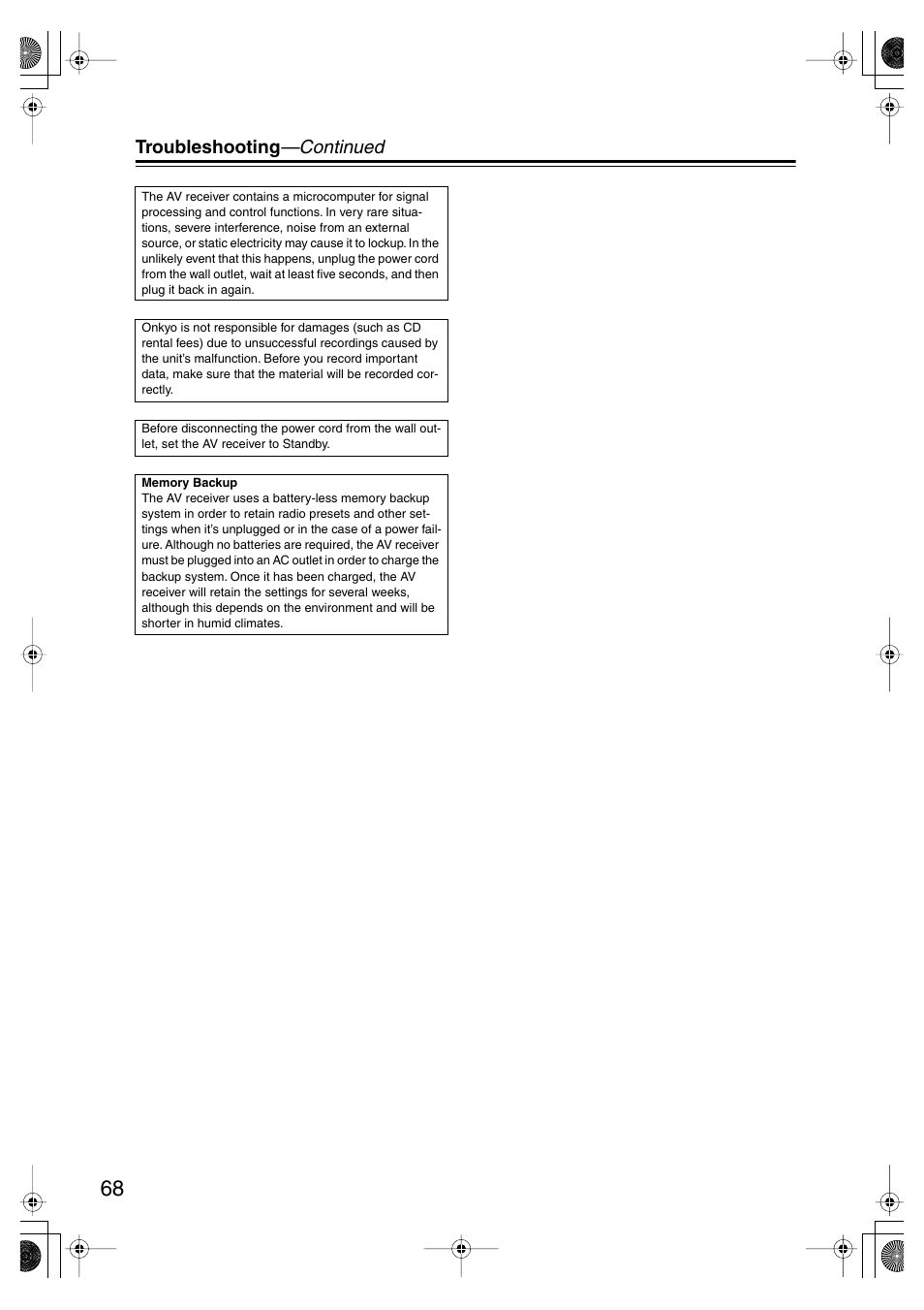 Troubleshooting —continued | Onkyo TX SR575 User Manual | Page 68 / 72