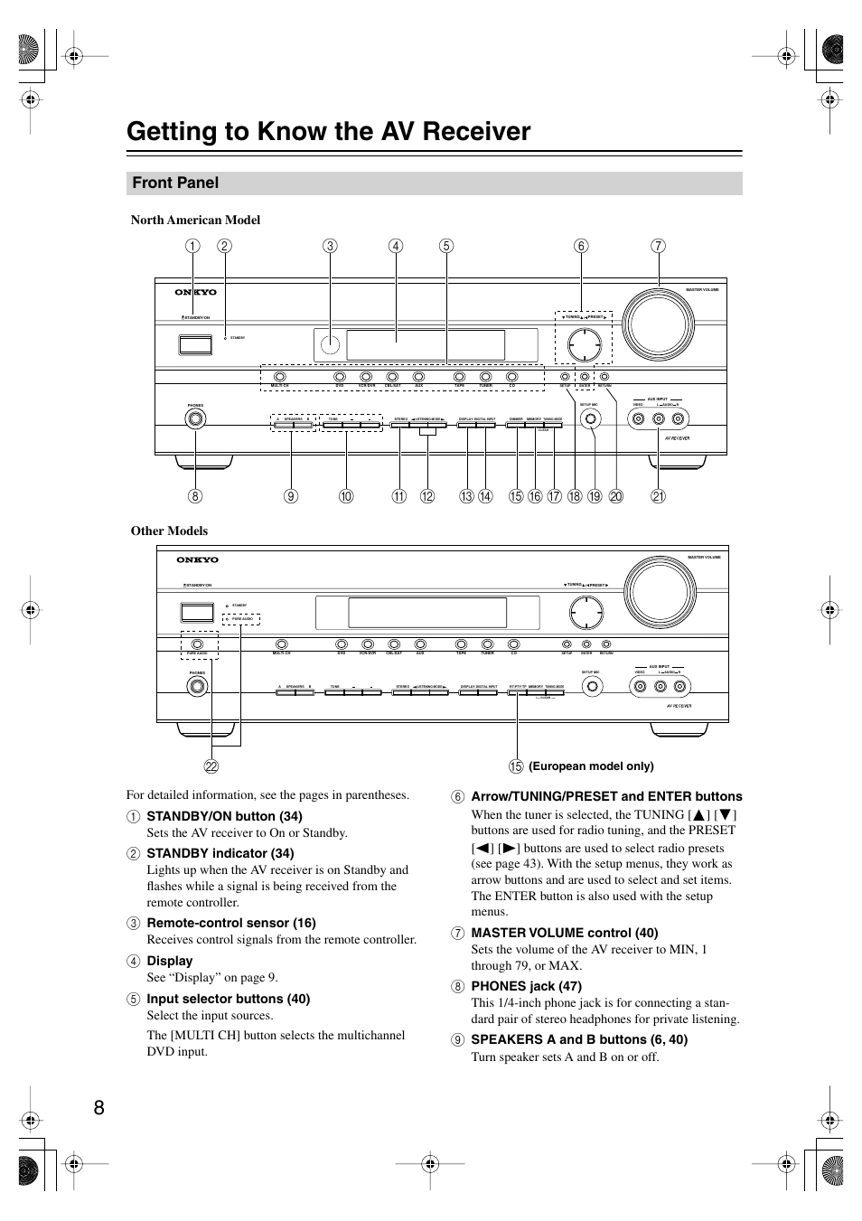 Getting to know the av receiver, Front panel, Display see “display” on page 9 | North american model other models | Onkyo TX SR575 User Manual | Page 8 / 72