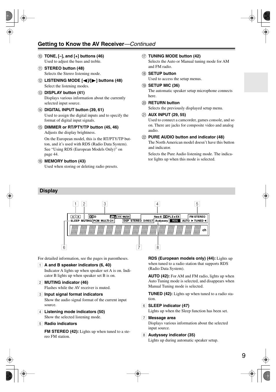 Display, Getting to know the av receiver —continued | Onkyo TX SR575 User Manual | Page 9 / 72