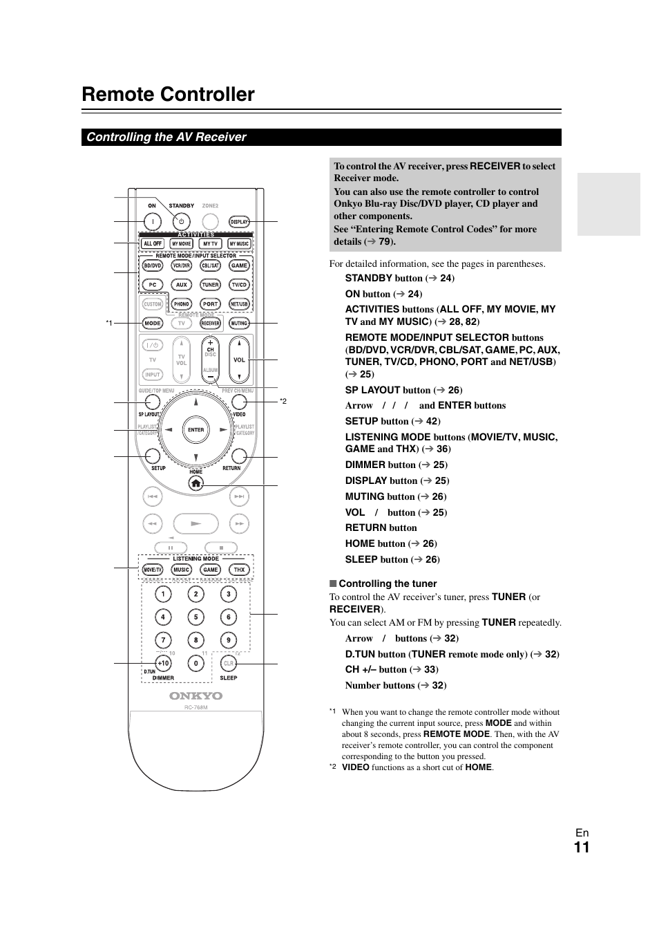 Remote controller, Controlling the av receiver | Onkyo TX-NR708 User Manual | Page 11 / 96