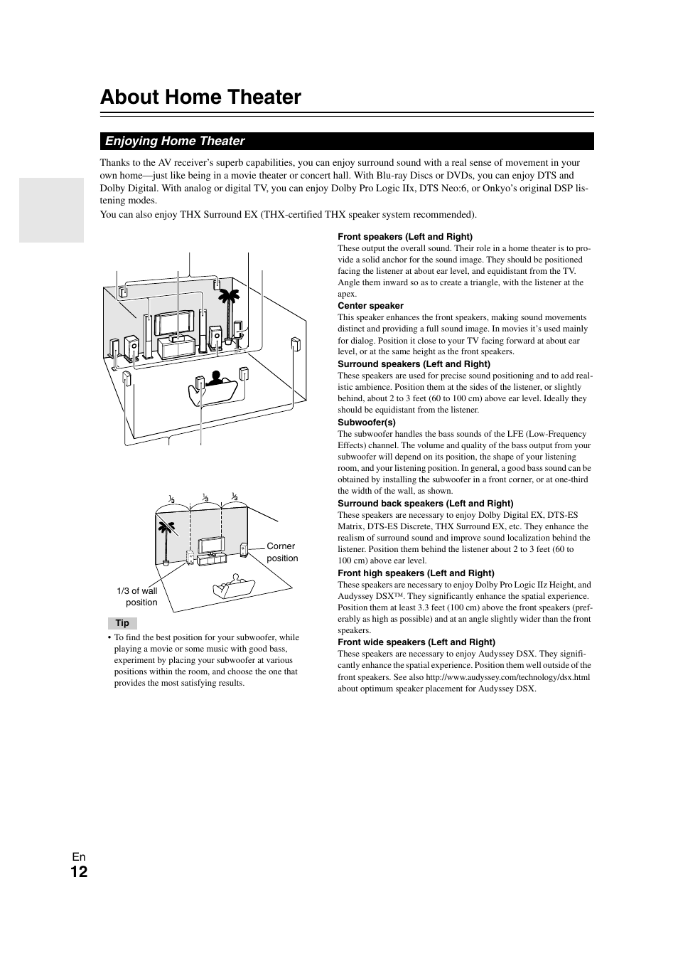 About home theater, Enjoying home theater | Onkyo TX-NR708 User Manual | Page 12 / 96