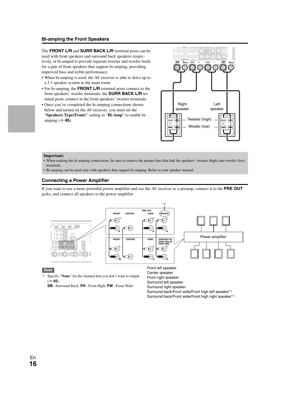 Cator, En bi-amping the front speakers, Connecting a power amplifier | Onkyo TX-NR708 User Manual | Page 16 / 96