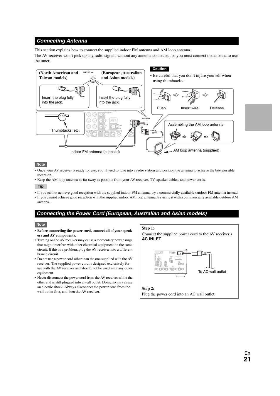 Connecting antenna, Connecting antenna connecting the power cord, European, australian and asian models) | Onkyo TX-NR708 User Manual | Page 21 / 96