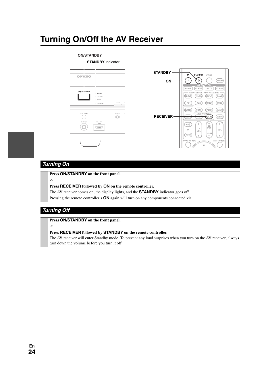 Turning on & basic operations, Turning on/off the av receiver, Turning on | Turning off, Turning on turning off, Tton | Onkyo TX-NR708 User Manual | Page 24 / 96