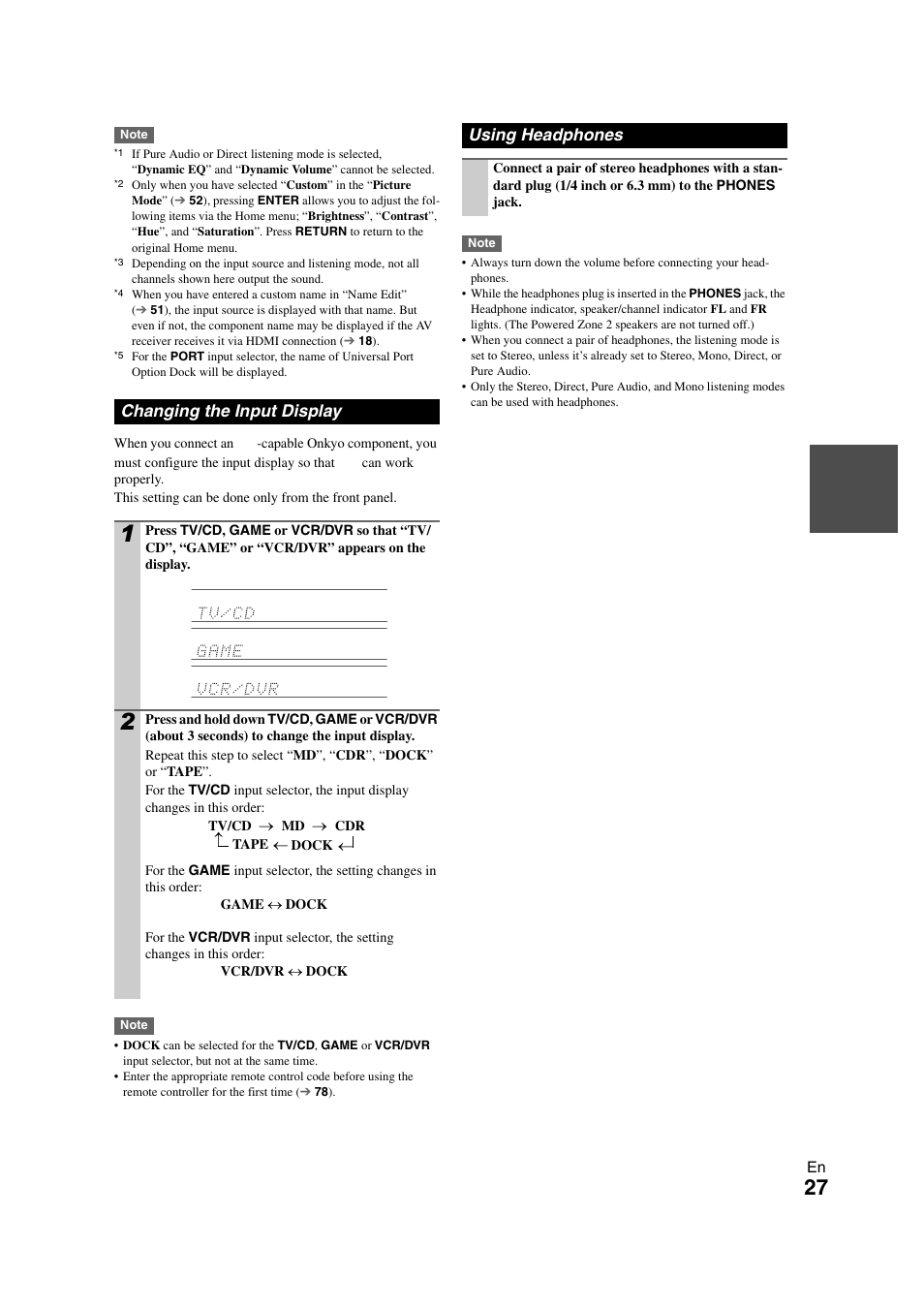 Changing the input display, Using headphones, Changing the input display using headphones | Onkyo TX-NR708 User Manual | Page 27 / 96