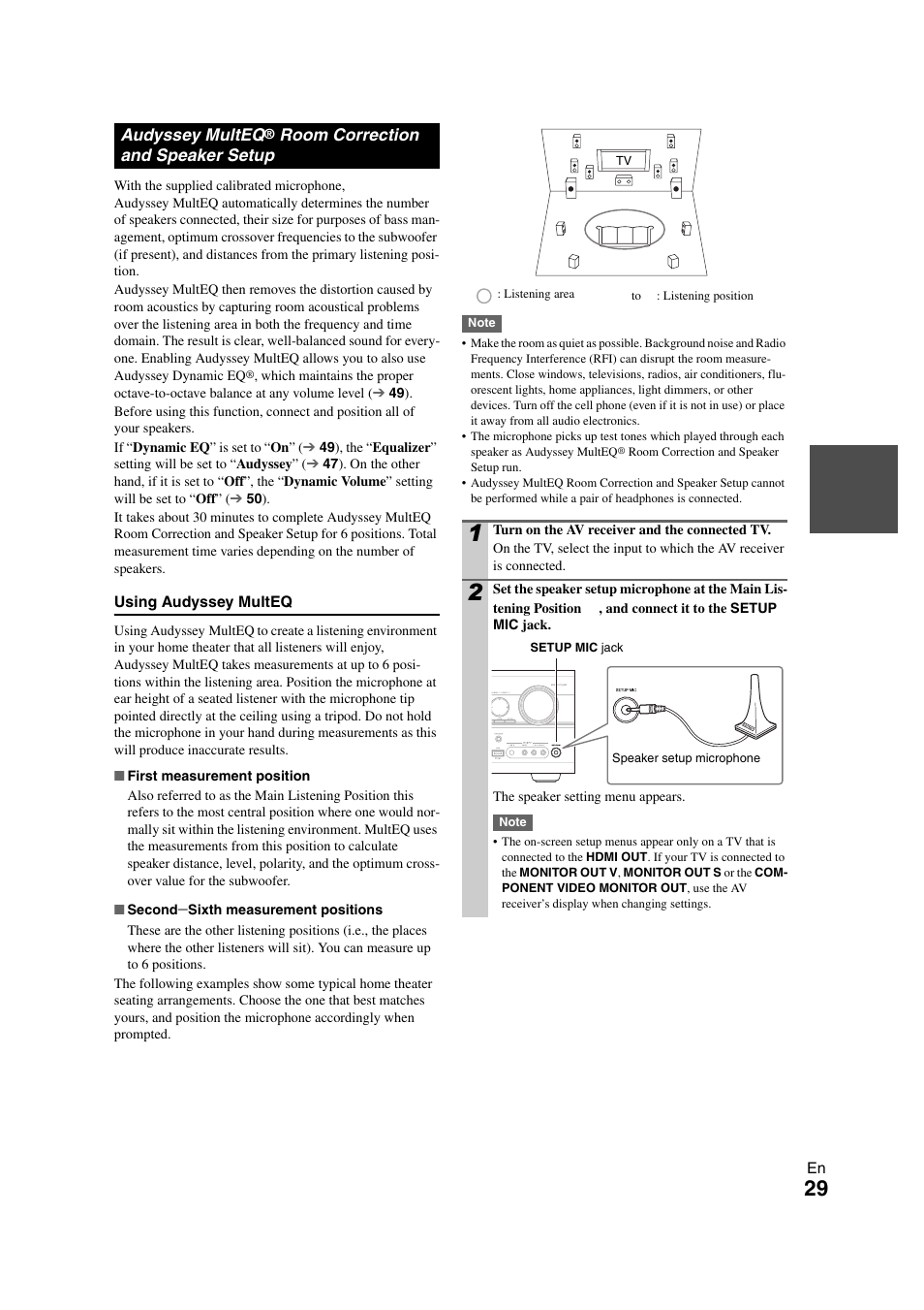 Audyssey multeq® room correction and speaker setup, Audyssey multeq, Cator | Cally, 29 ) or | Onkyo TX-NR708 User Manual | Page 29 / 96