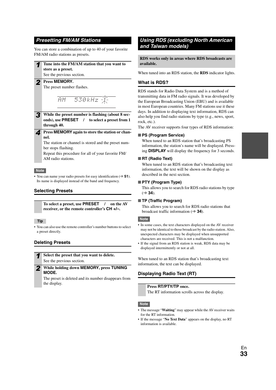 Presetting fm/am stations, Presetting fm/am stations using rds, Excluding north american and taiwan models) | 33), arr, Iwan models) | Onkyo TX-NR708 User Manual | Page 33 / 96