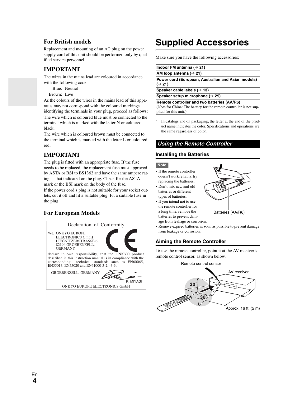 Supplied accessories, Using the remote controller, For british models | Important, For european models | Onkyo TX-NR708 User Manual | Page 4 / 96