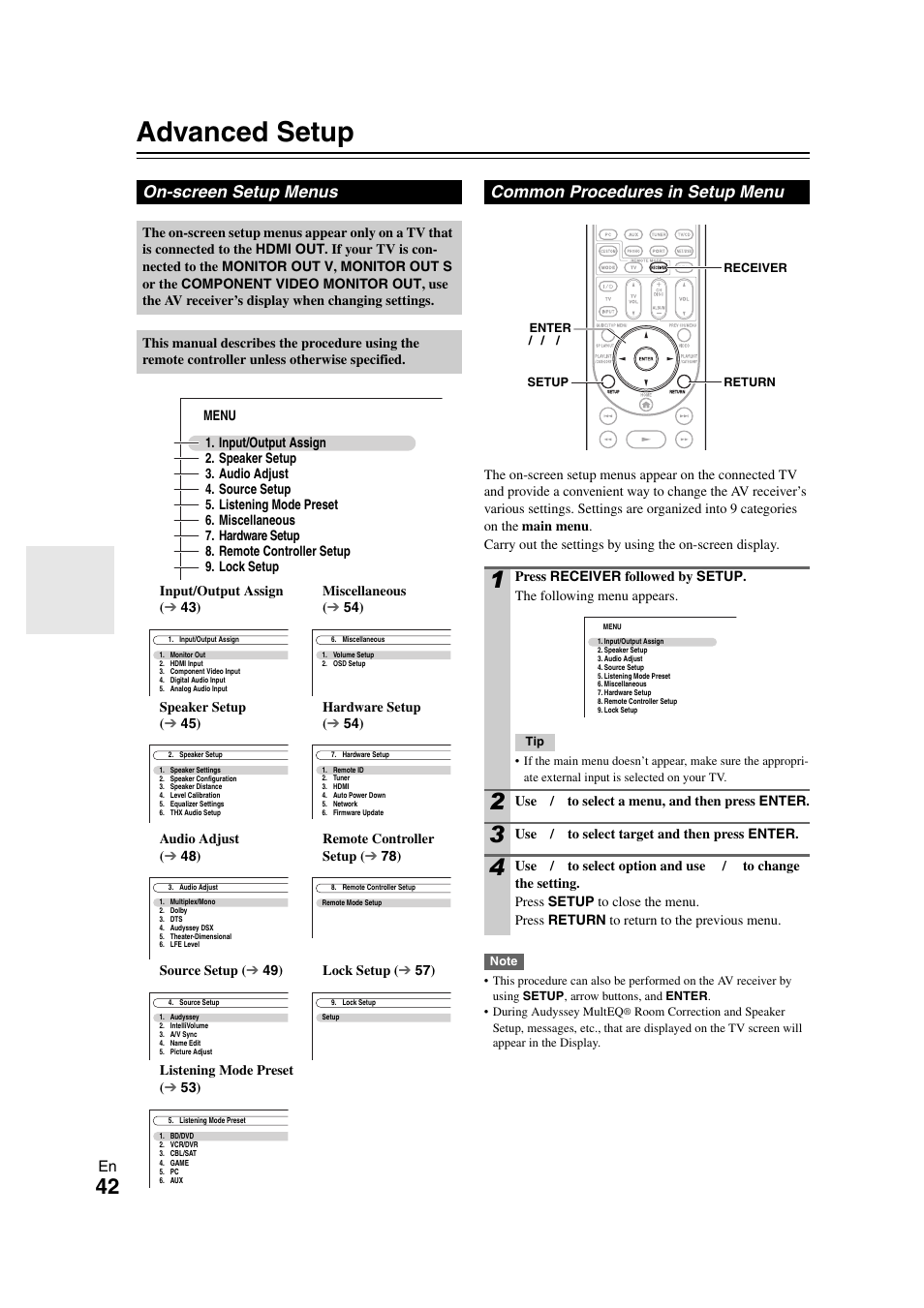 Advanced operations, Advanced setup, On-screen setup menus | Common procedures in setup menu, See “advanced setup” f, Details | Onkyo TX-NR708 User Manual | Page 42 / 96