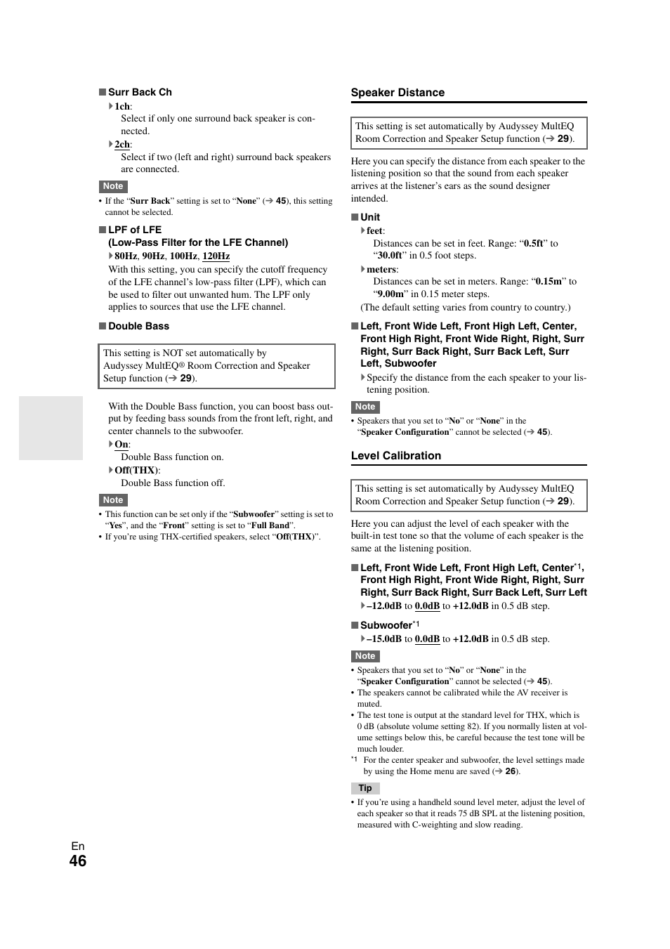Speaker distance, Level calibration | Onkyo TX-NR708 User Manual | Page 46 / 96