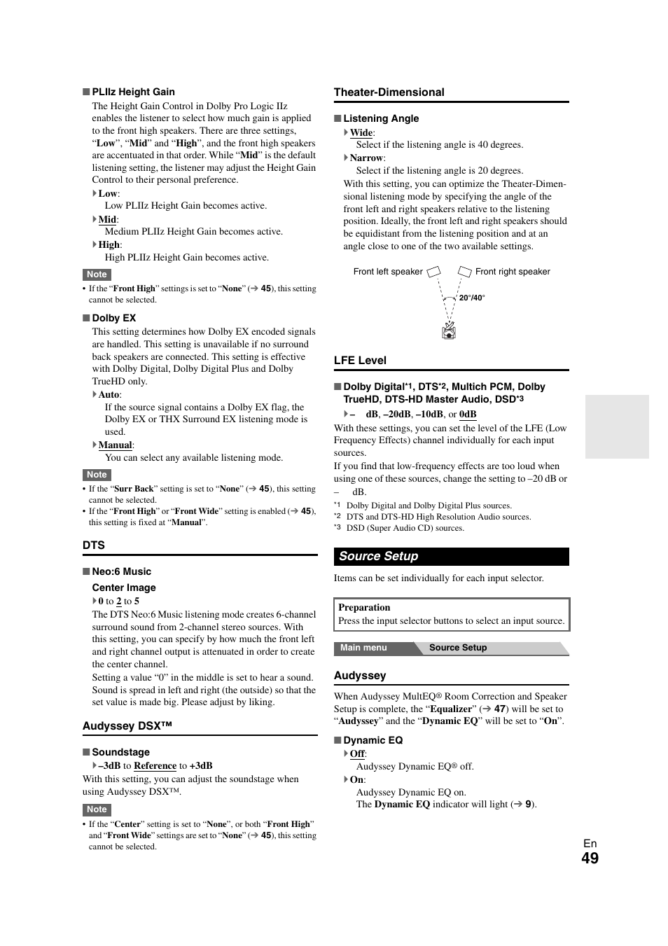 Source setup, Audyssey, 49 ), the | Onkyo TX-NR708 User Manual | Page 49 / 96