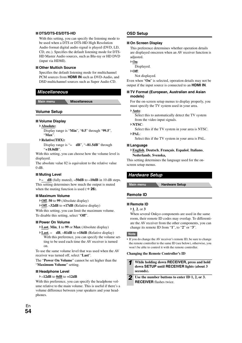 Miscellaneous, Hardware setup, Miscellaneous hardware setup | E “language” in the “osd setup | Onkyo TX-NR708 User Manual | Page 54 / 96