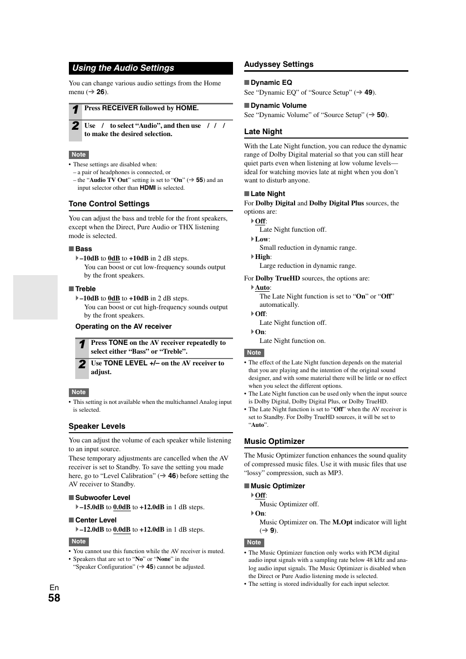 Using the audio settings | Onkyo TX-NR708 User Manual | Page 58 / 96