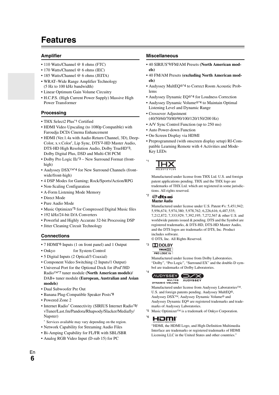 Features | Onkyo TX-NR708 User Manual | Page 6 / 96