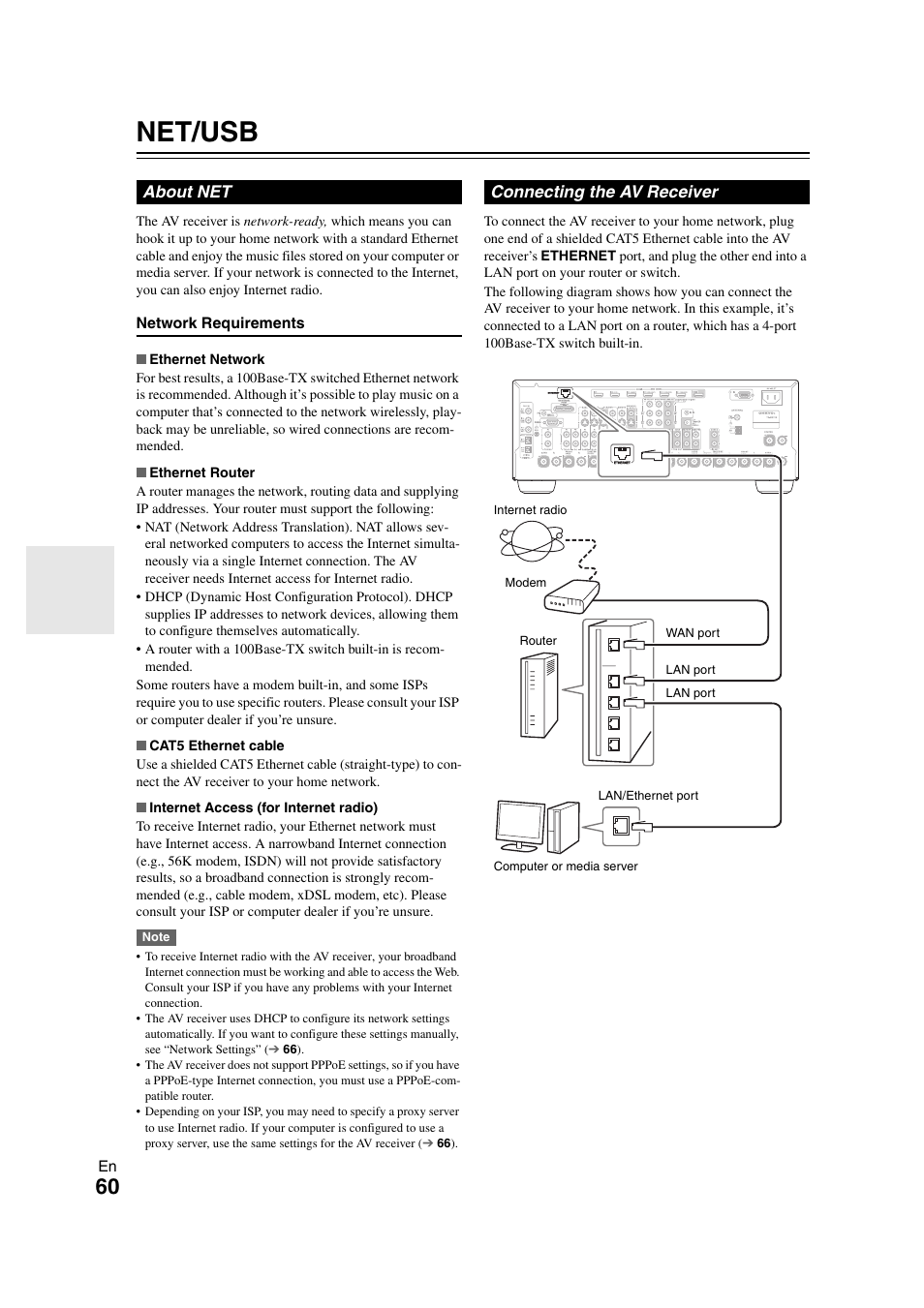 Net/usb, About net, Connecting the av receiver | About net connecting the av receiver | Onkyo TX-NR708 User Manual | Page 60 / 96