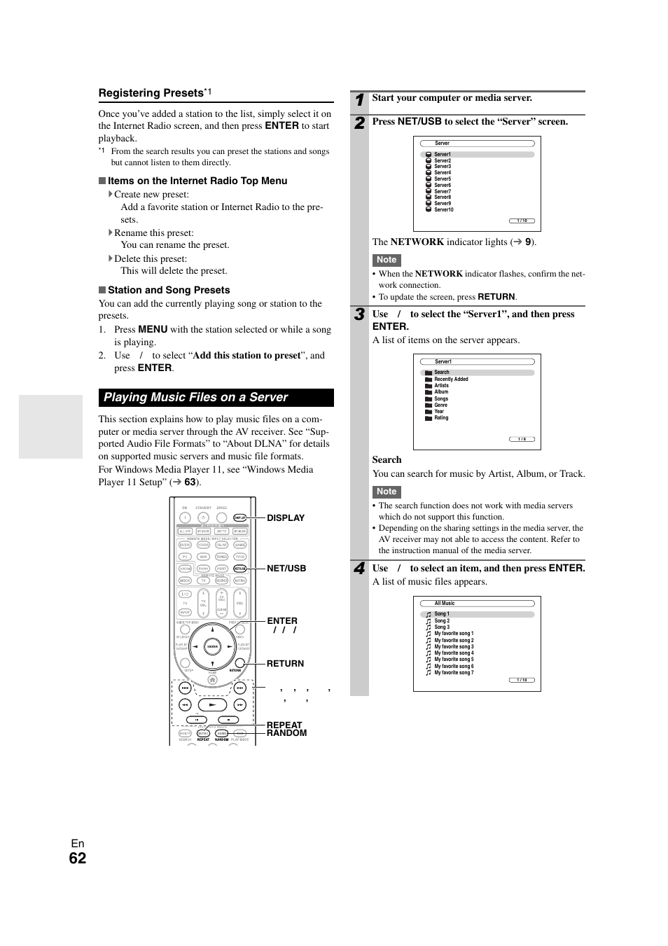 Playing music files on a server | Onkyo TX-NR708 User Manual | Page 62 / 96
