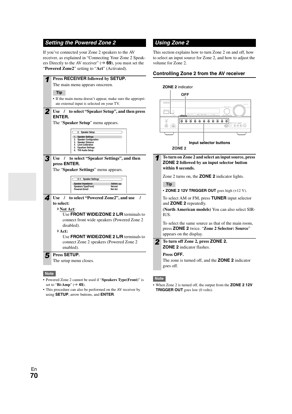 Setting the powered zone 2, Using zone 2, Setting the powered zone 2 using zone 2 | 70 to, E “setting the powered zone 2, 70 ), this s | Onkyo TX-NR708 User Manual | Page 70 / 96